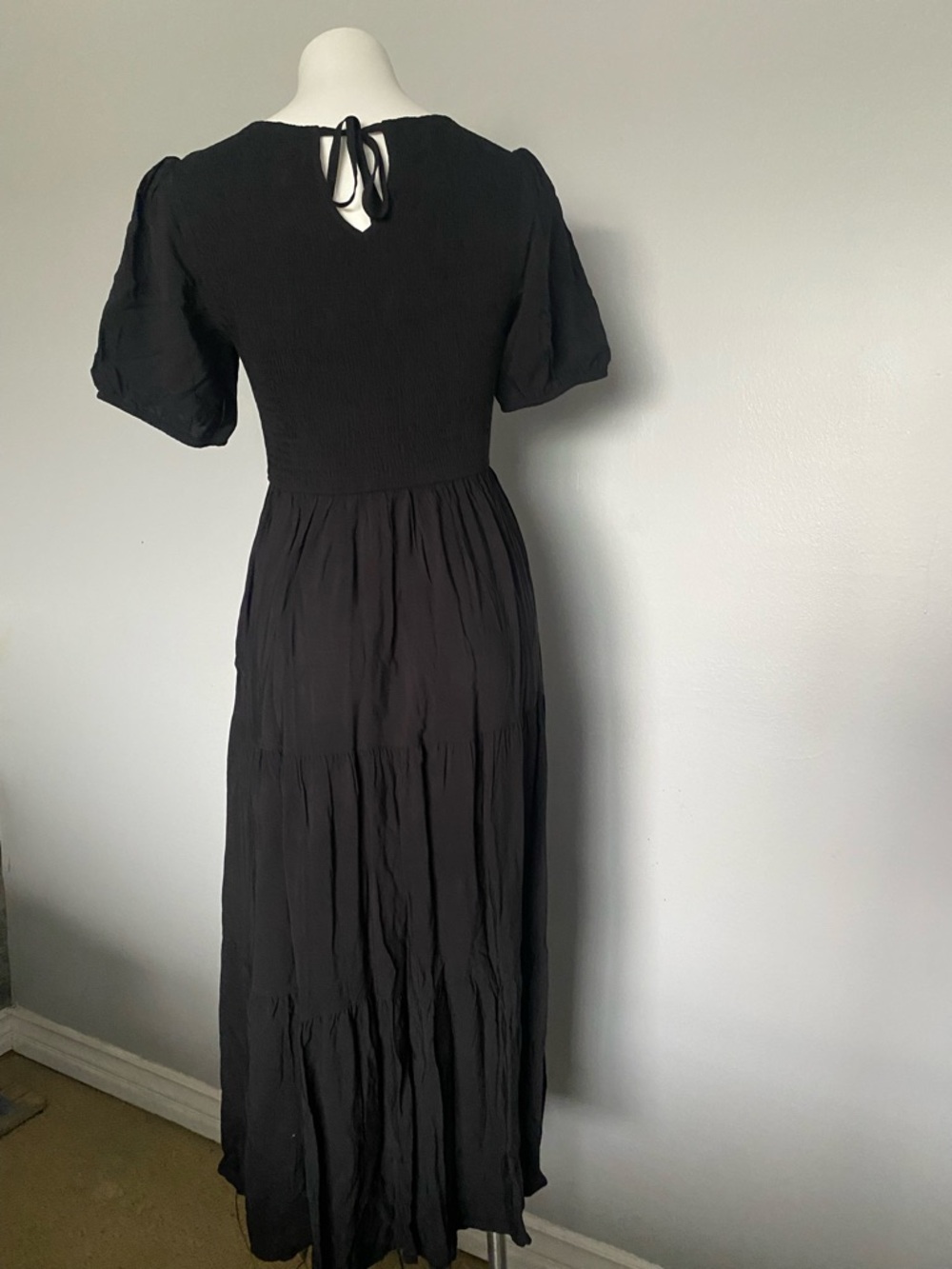 Black Smocked Maxi Dress with Puff Sleeves